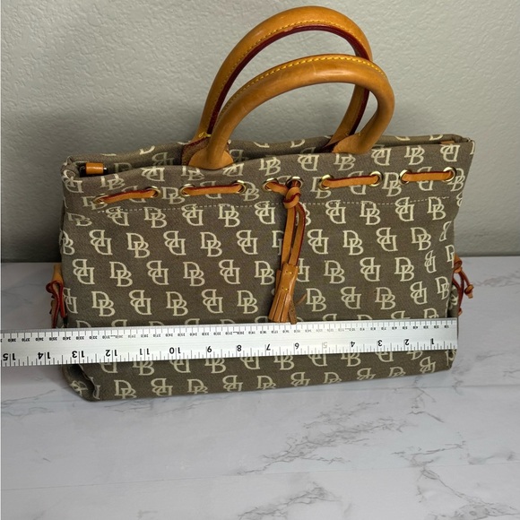 Dooney & Bourke Taupe Monogrammed Jacquard Tan Leather Trim Tassel Tote Handbag - Picture 10 of 11